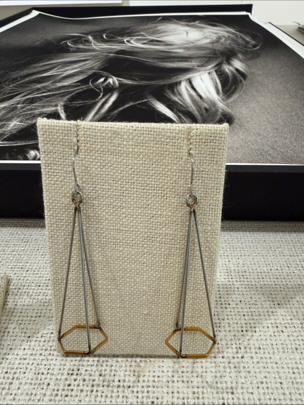 Geometric Drop Earrings with Hexagon Accent - Two-Tone